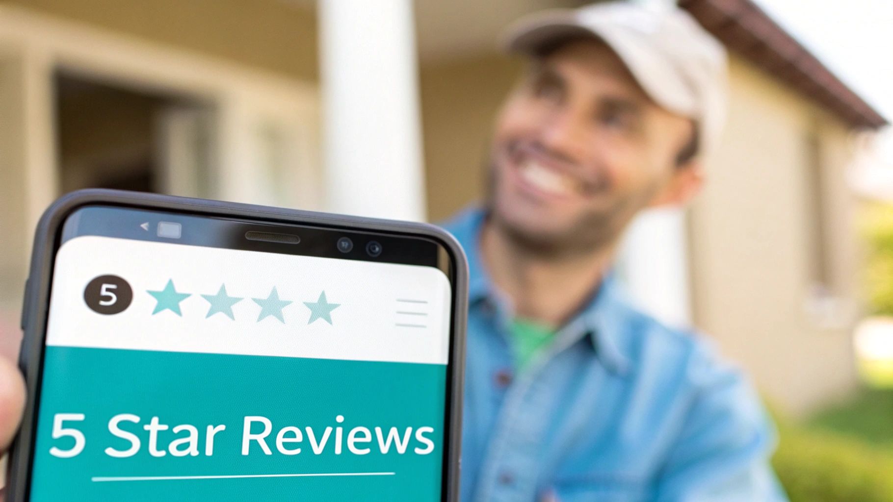 A smartphone displaying '5 Star Reviews' with a smiling man in the blurred background.