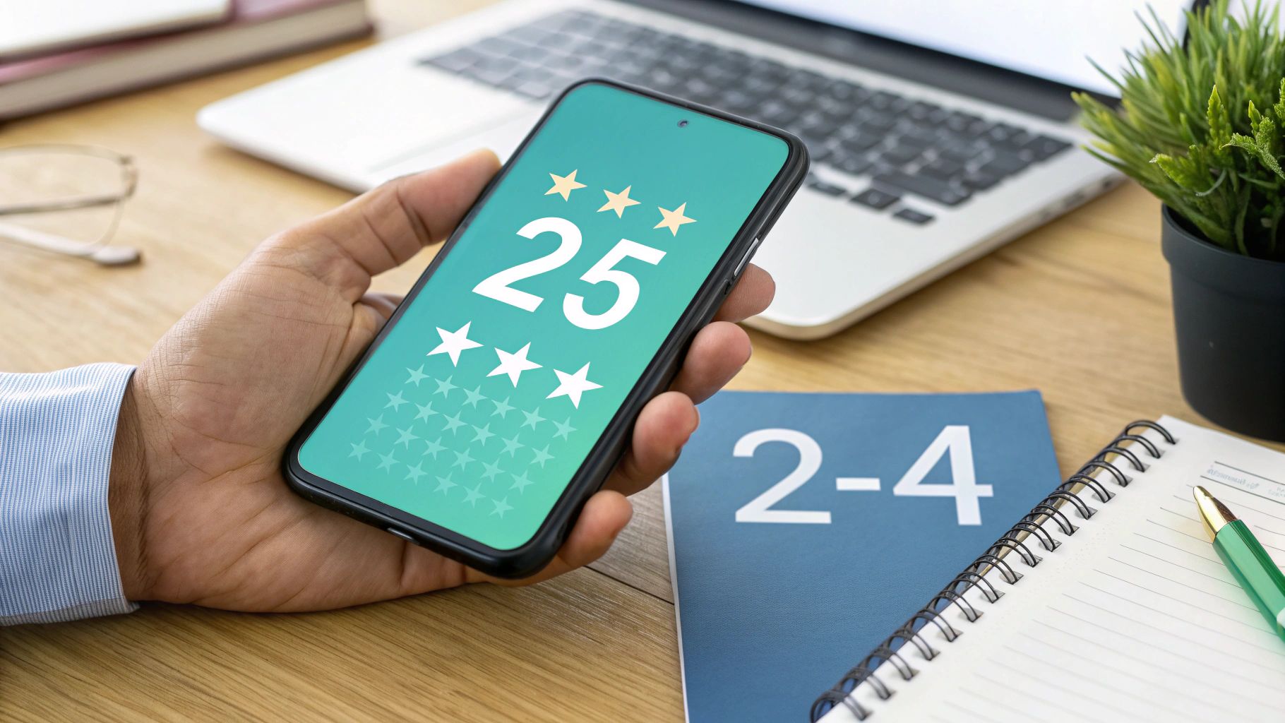 A hand holds a smartphone displaying a '25' rating with stars on a work desk.