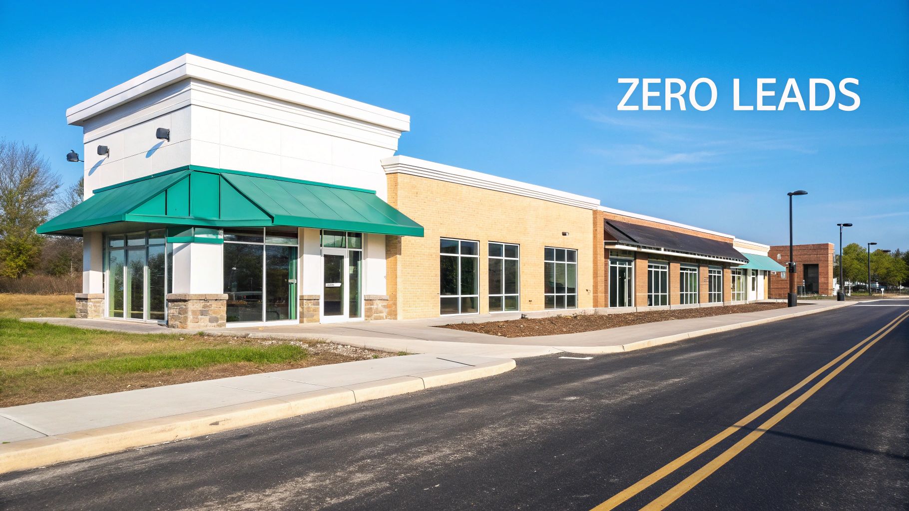 Newly constructed, empty commercial buildings with green awnings and a road, with 'ZERO LEADS' text.