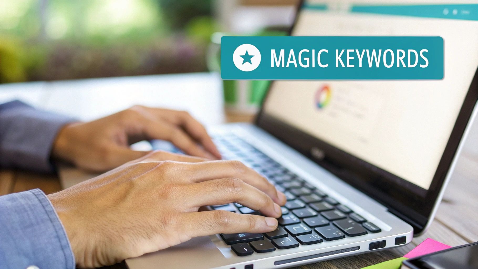 Person's hands typing on a laptop keyboard, with a 'MAGIC KEYWORDS' banner on the screen.