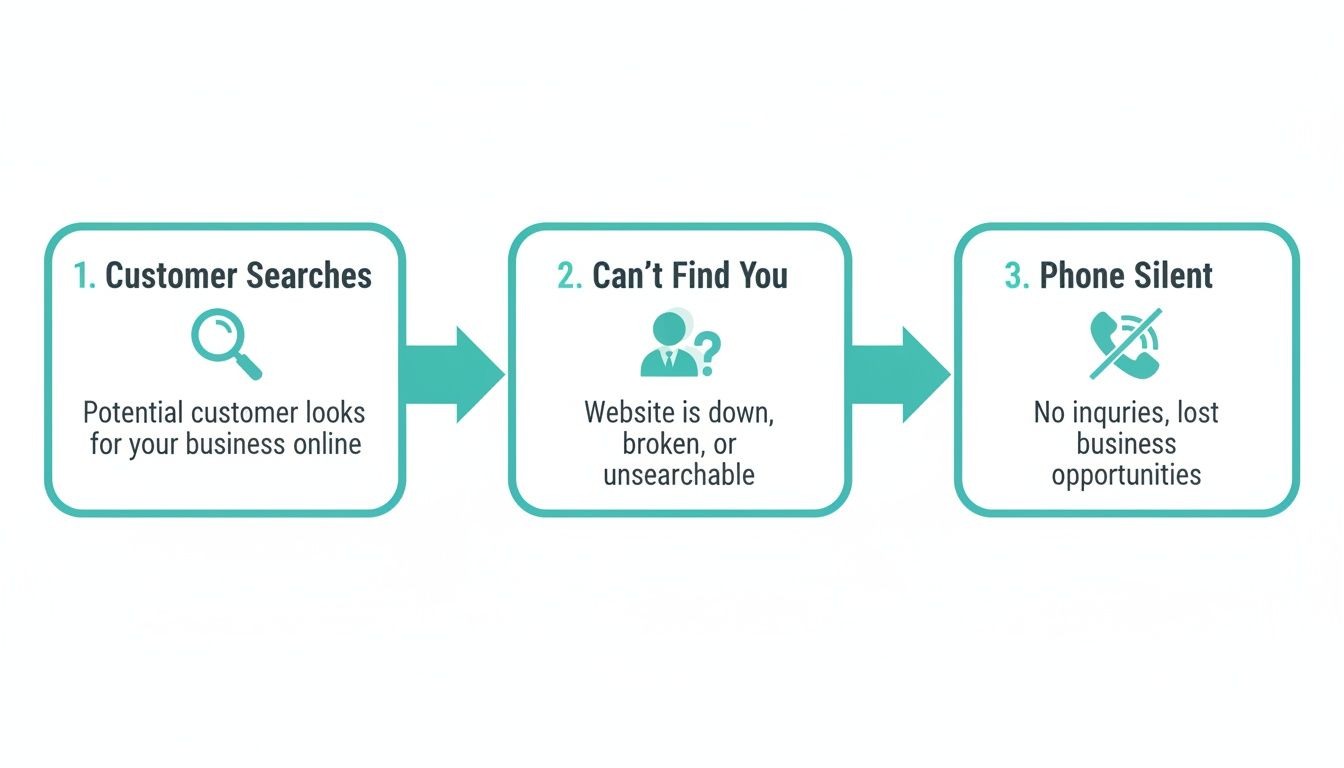 Diagram showing how poor website presence leads to lost business opportunities and no customer inquiries.