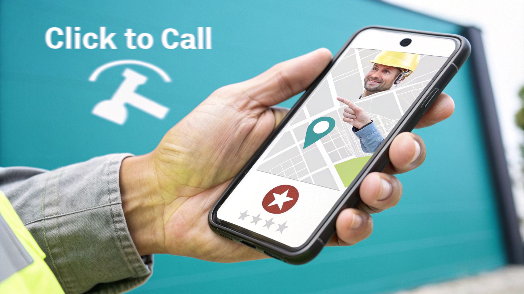Hand holding smartphone showing a map, a construction worker, ratings, and 'Click to Call' text.