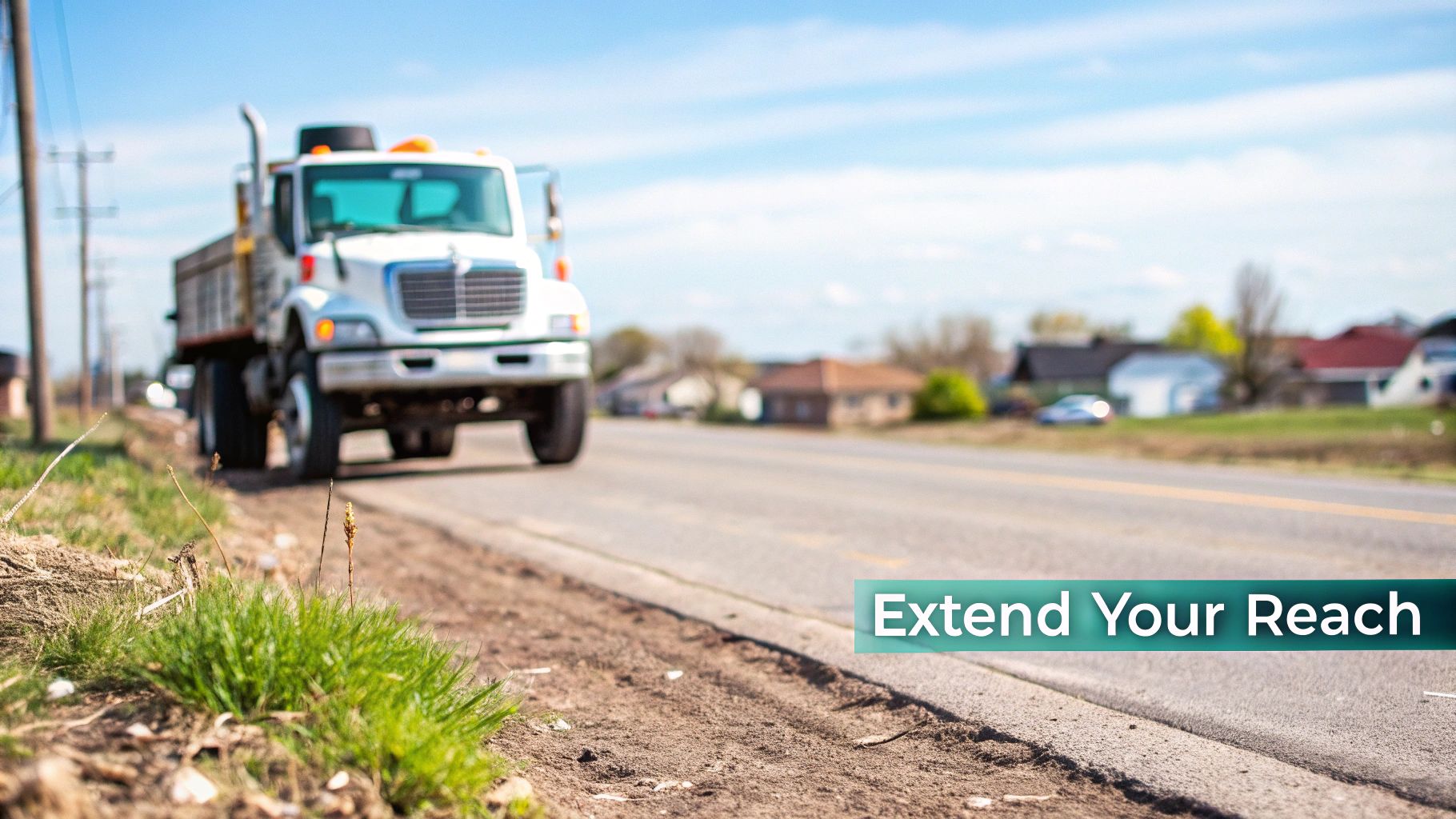 A blurred white dump truck drives on a road with grass in the foreground and distant houses under a blue sky.