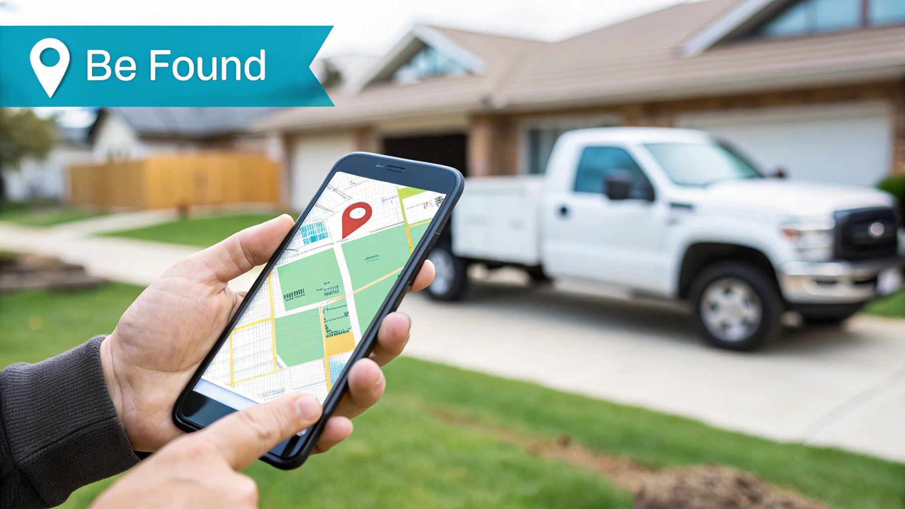 Hand holding smartphone with map navigation app showing location pin near service vehicle and house