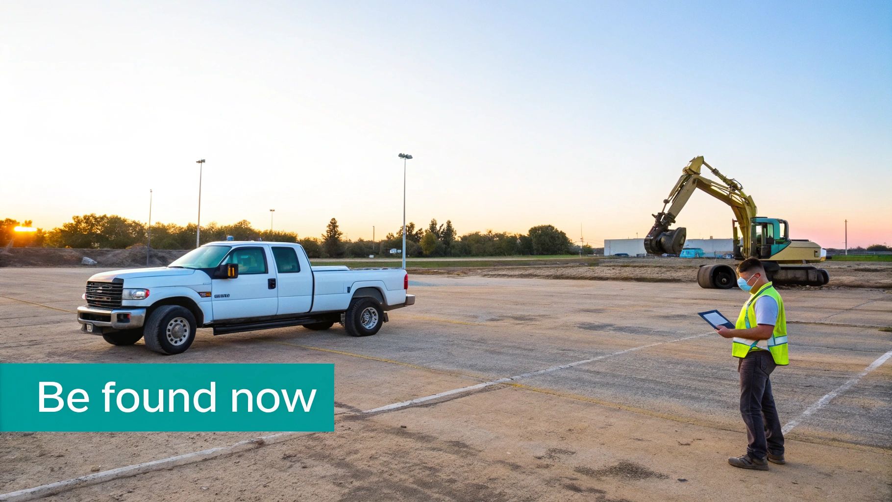 Man in safety vest and mask at construction site with pickup truck and excavator at sunset.