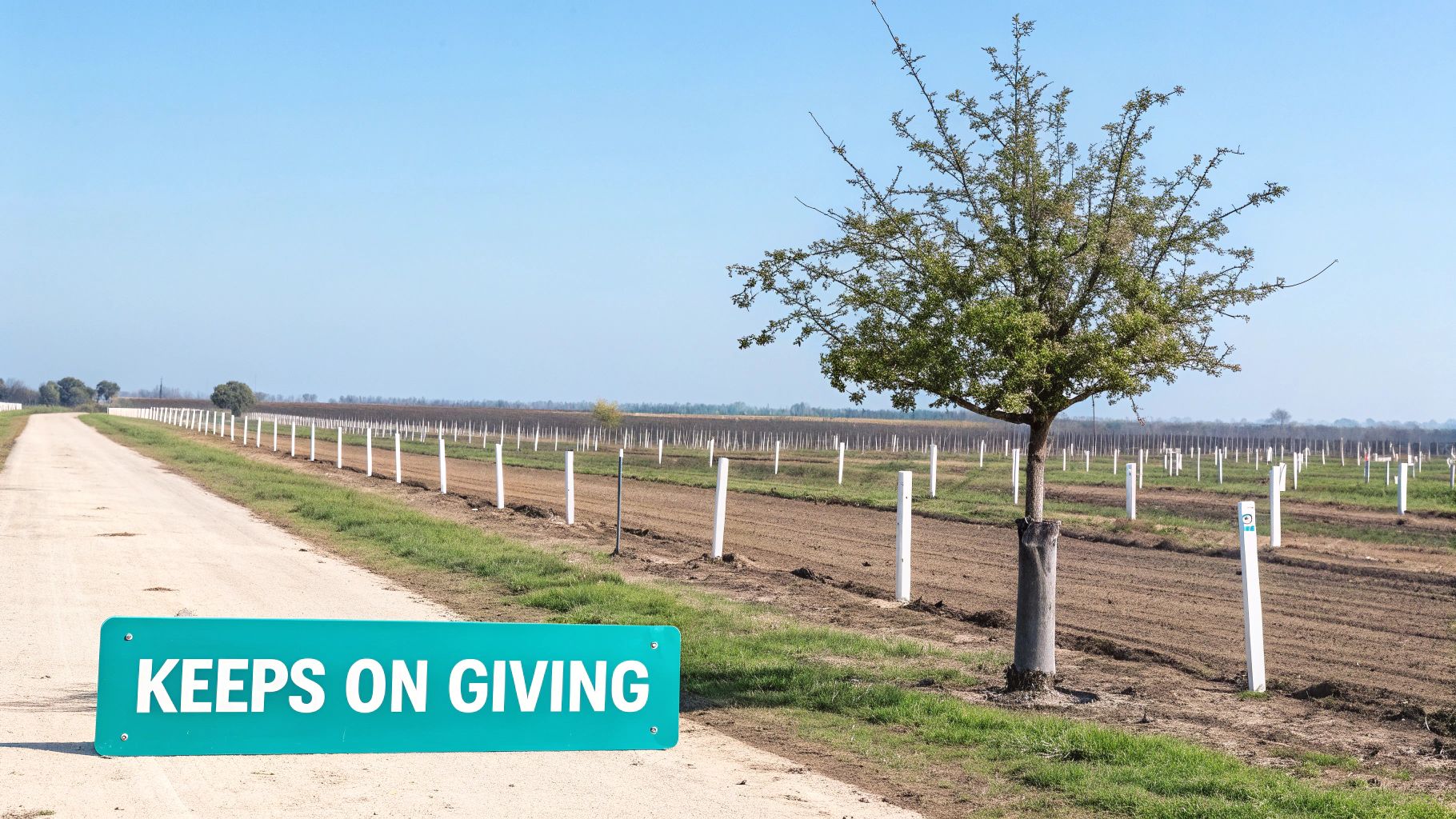 A rural road beside a field of young trees with white protectors, and a sign reading "KEEPS ON GIVING."