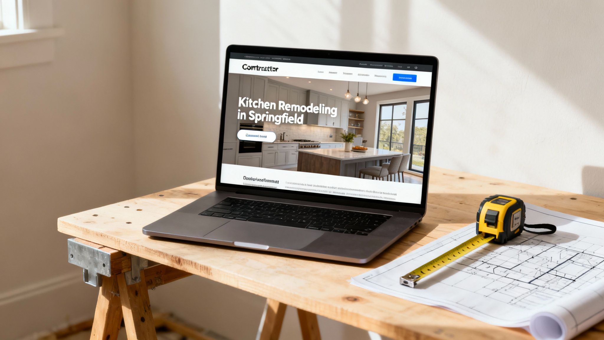 A contractor reviewing website design on a laptop and tablet