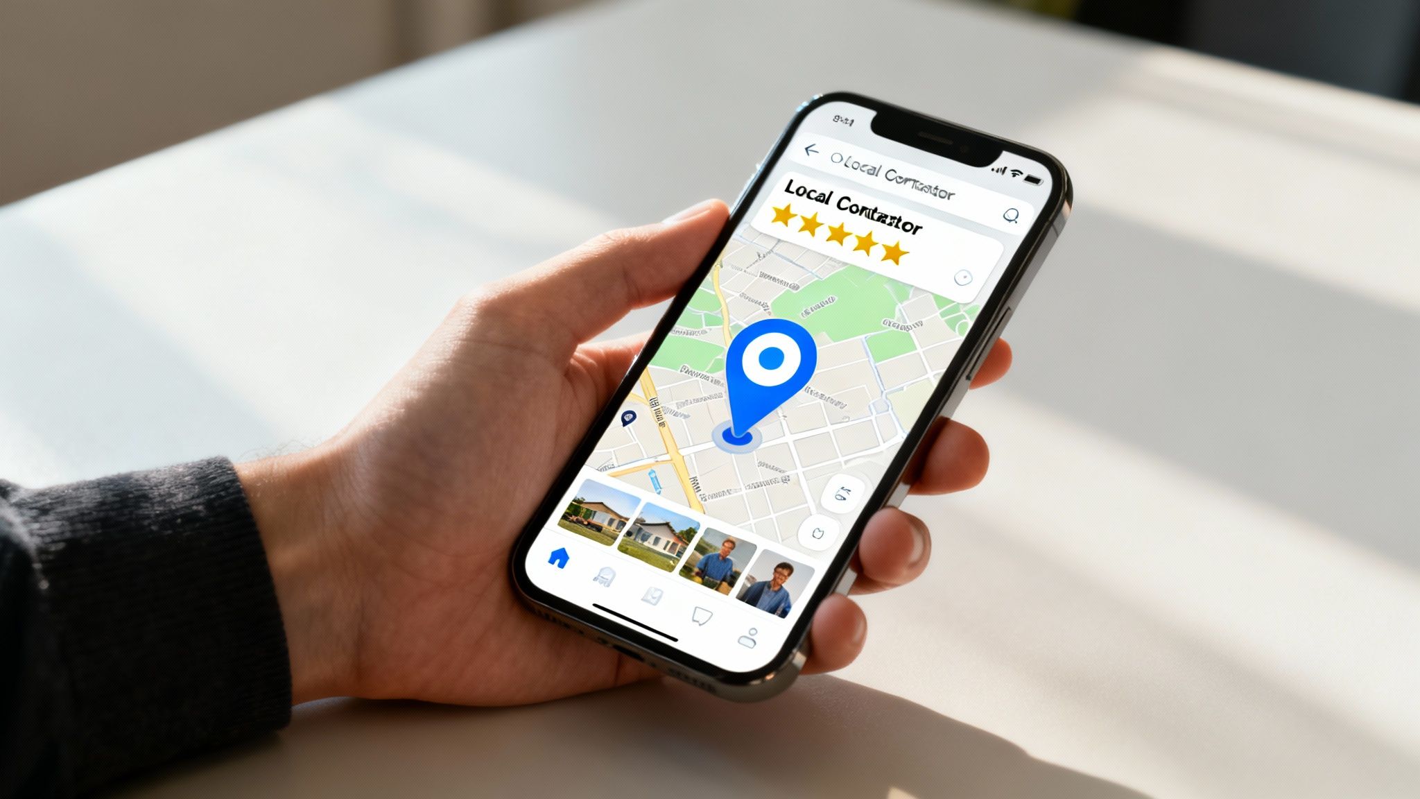 A contractor's van with a logo parked in a suburban neighborhood, representing local service.