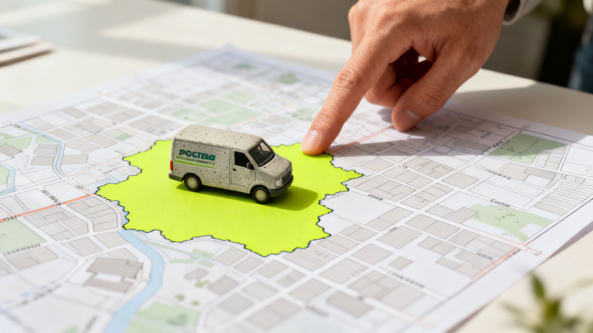 A person's hand points to a small toy delivery van on a map highlighting a service area.