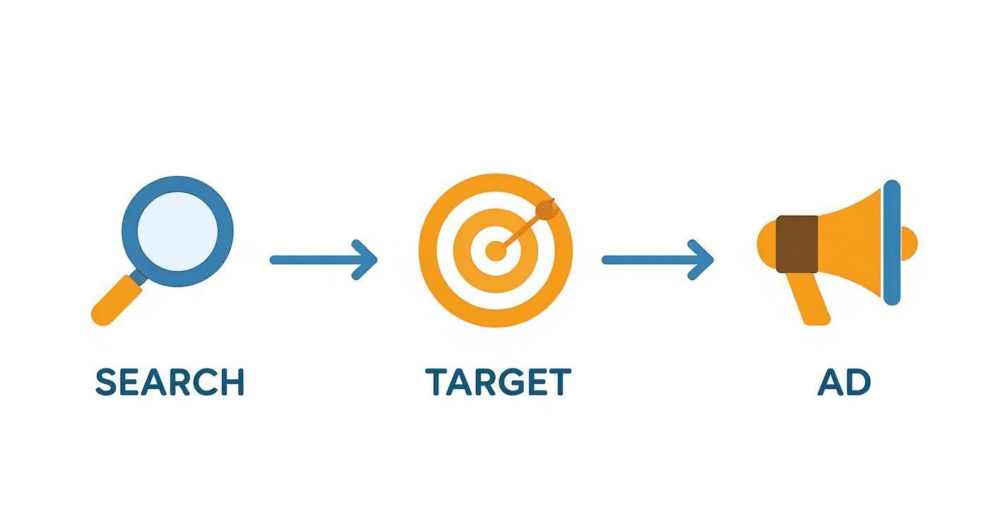 Marketing funnel diagram showing search magnifying glass, target bullseye, and megaphone advertisement icons with arrows