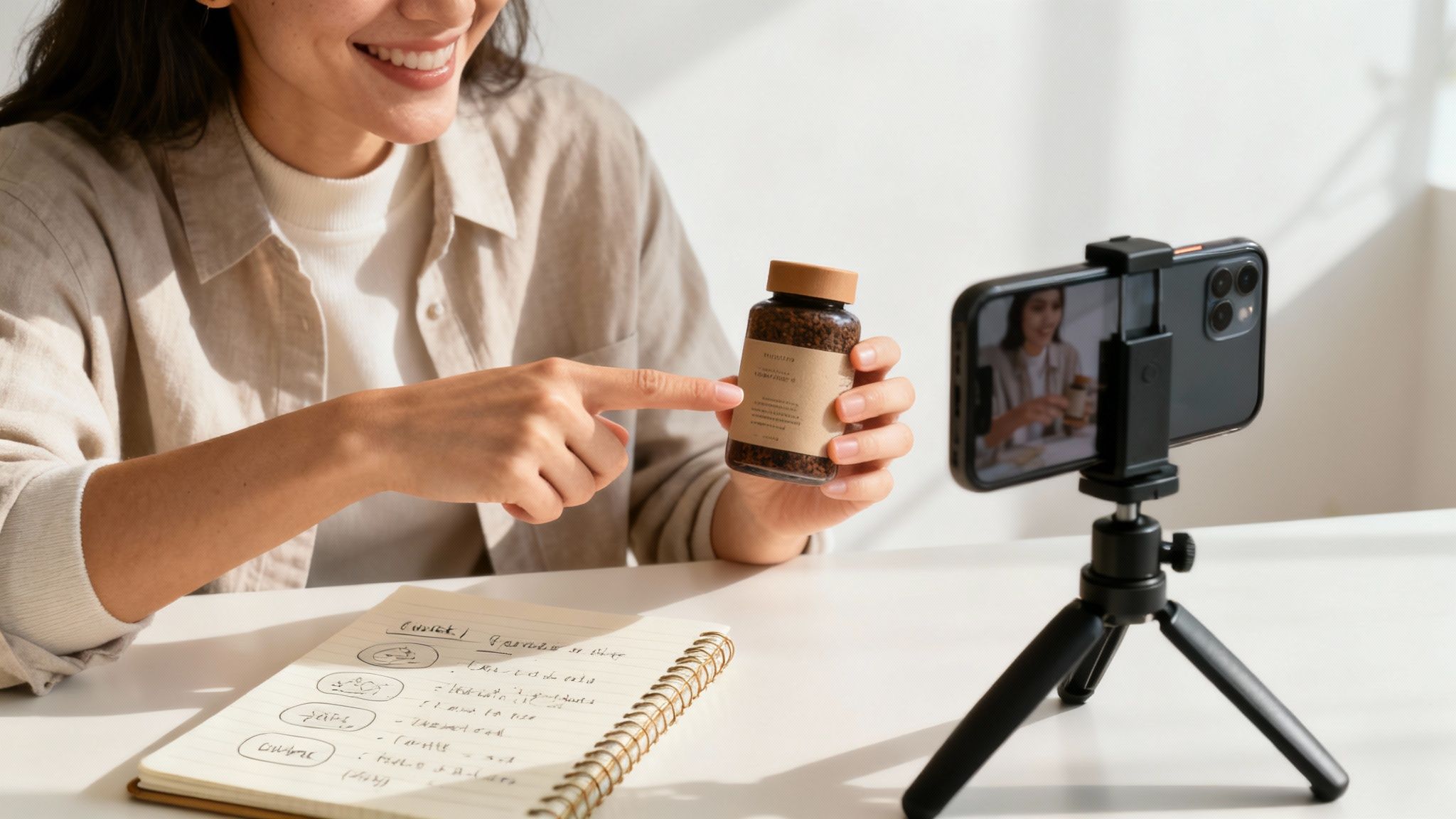 A person looking at a social media feed on their phone, smiling at engaging content.