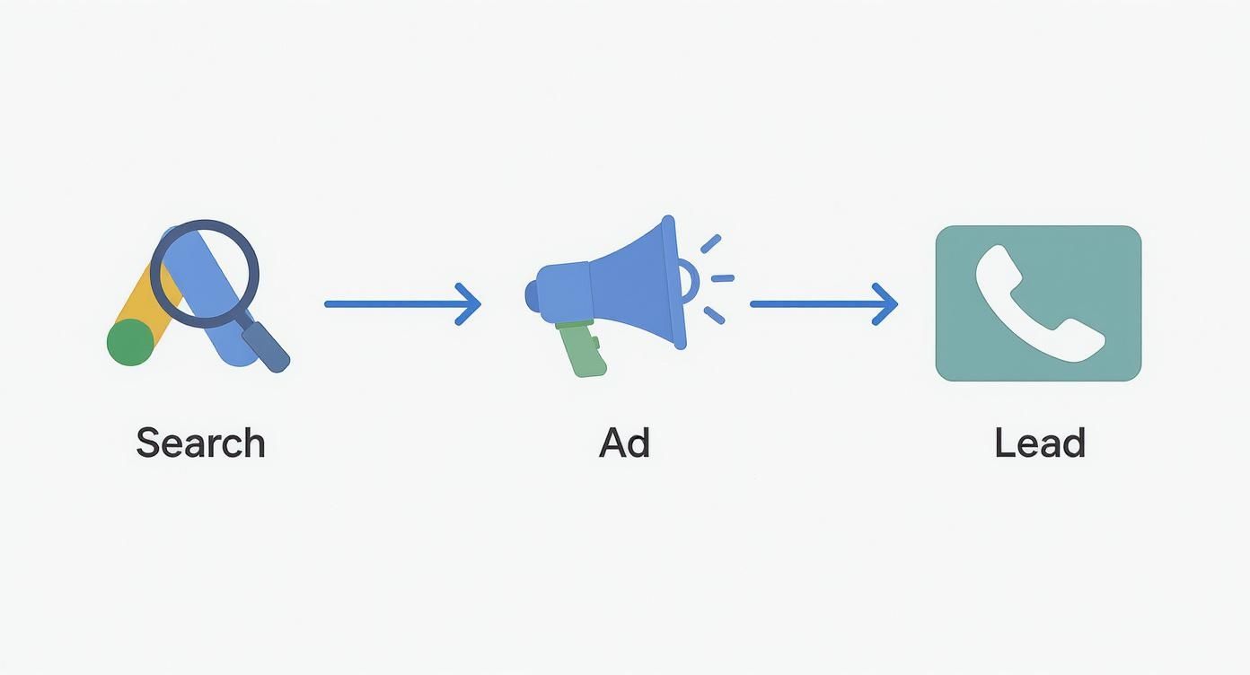 Diagram illustrating the process of search leading to an ad, then generating a lead.