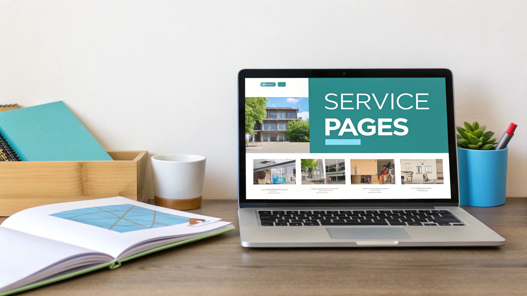 Laptop displaying a 'SERVICE PAGES' website on a wooden desk with office supplies and a plant.