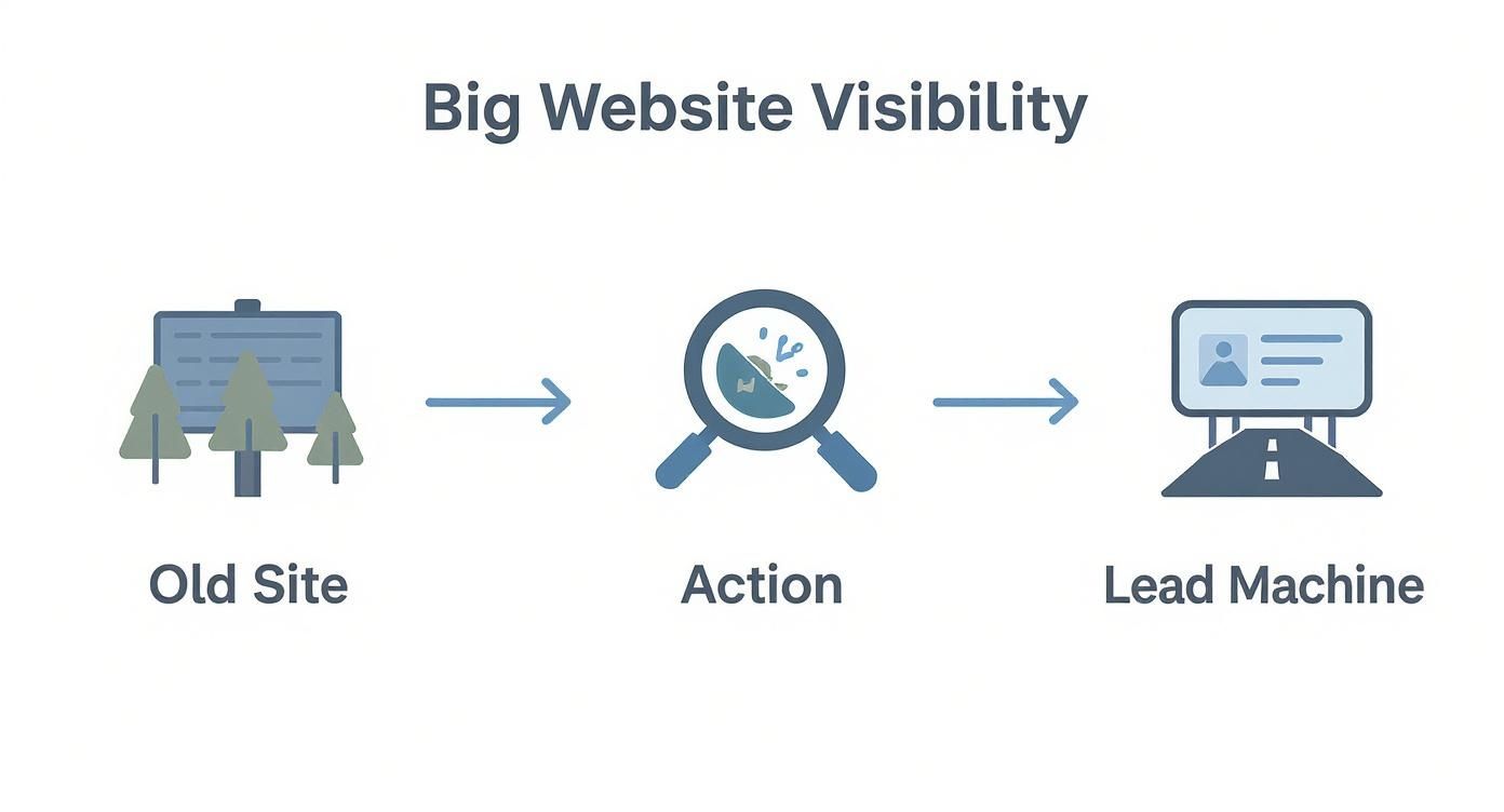 Diagram illustrating the transformation from an old website to a lead machine through optimization for visibility.