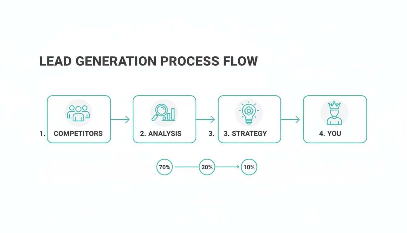 A lead generation process flow diagram showing steps: Competitors, Analysis, Strategy, and You, with percentages.