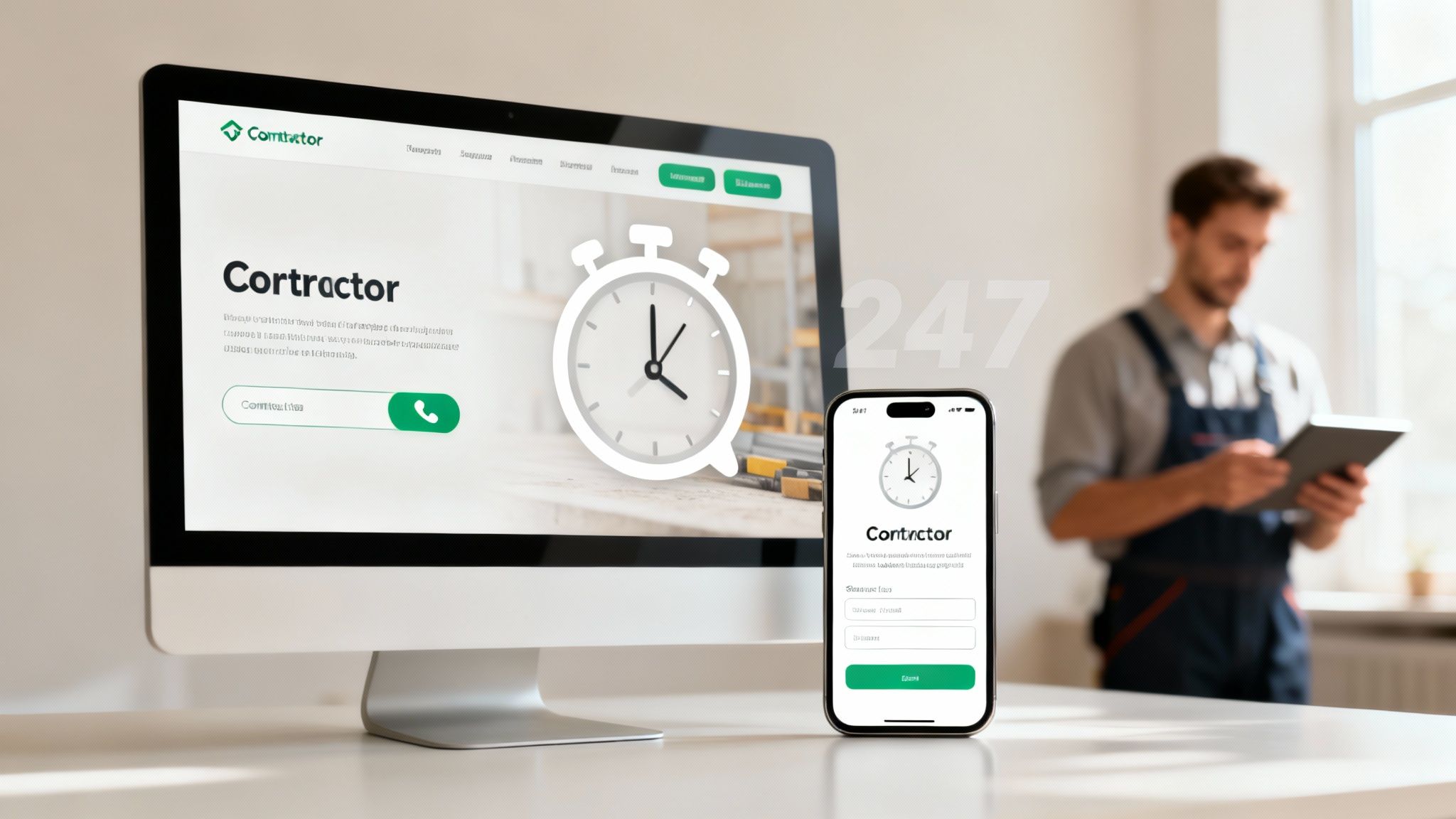 A contractor reviewing a blueprint on a laptop, symbolizing website design as a lead generation tool.