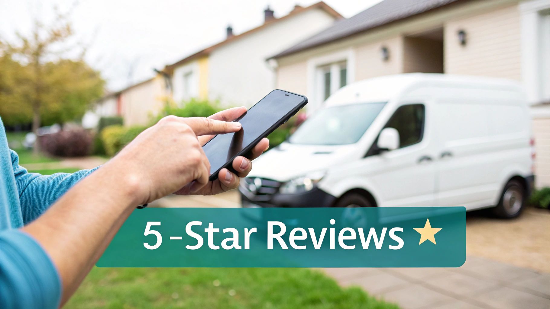 Person's hands using a smartphone with a white service van parked at a house, highlighting 5-star reviews for home services.