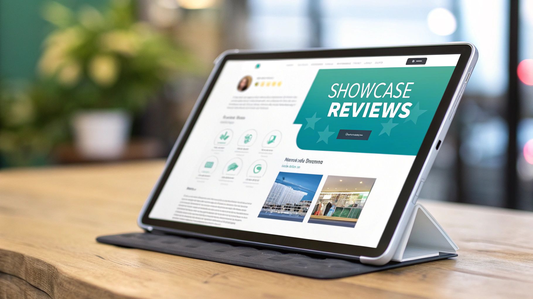 A modern tablet on a wooden table displaying a website with "Showcase Reviews" and star ratings.