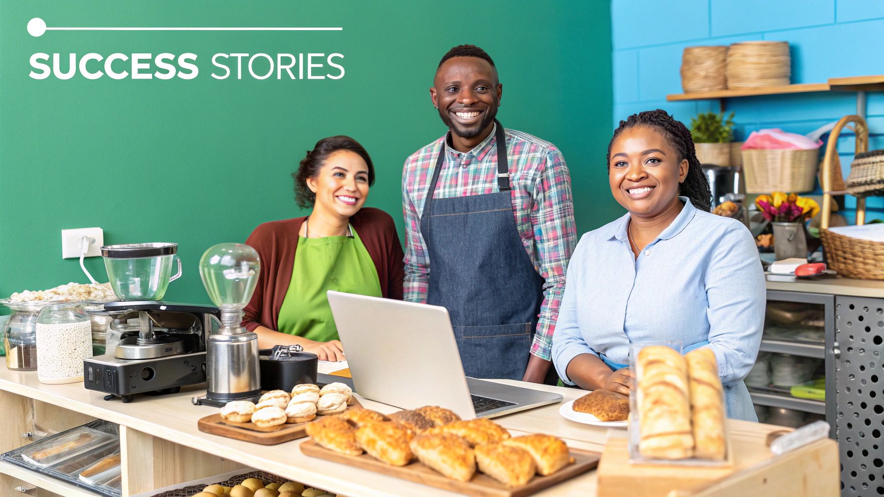 A montage of happy small business owners: a baker with a cake, a plumber with tools, and an online shop owner with a laptop.