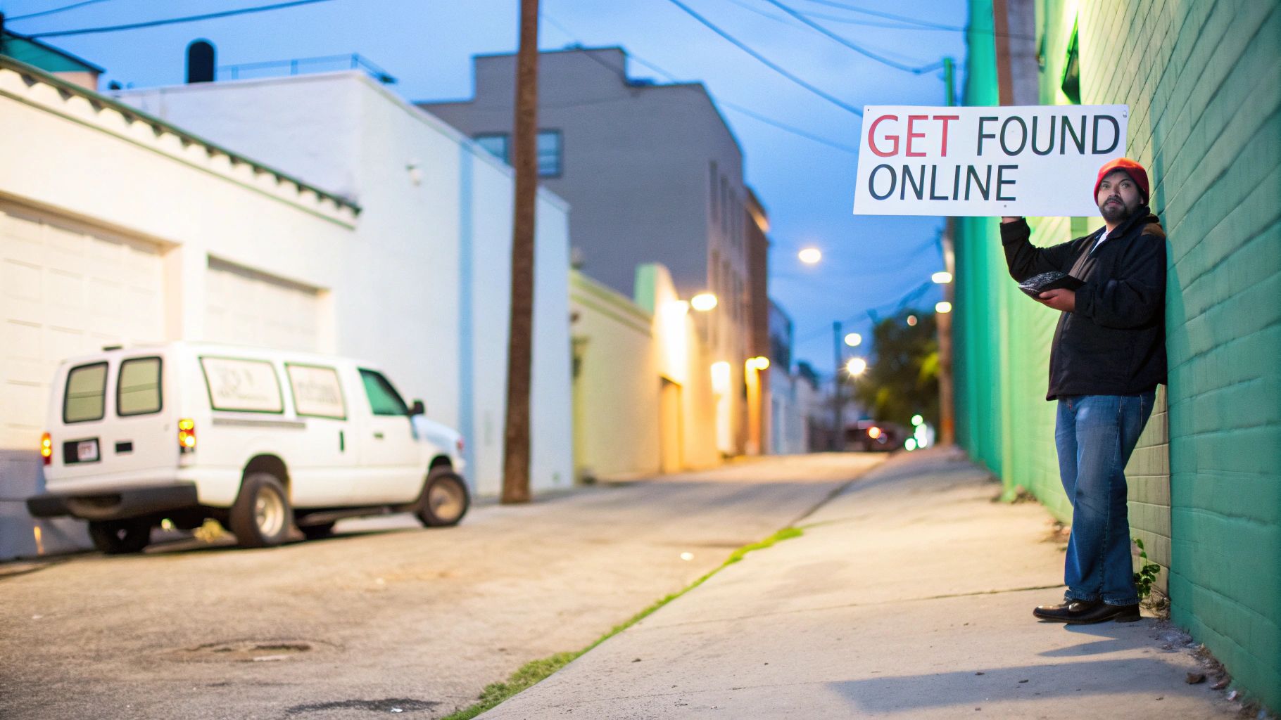 A man holds a 'GET FOUND ONLINE' sign leaning against a green wall in an urban alley with a van.