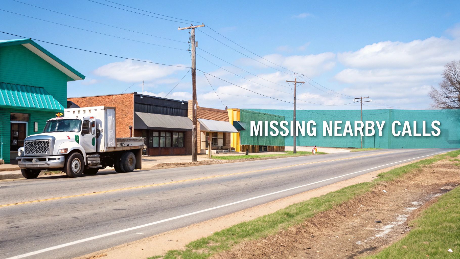 A white flatbed truck parked on a street in front of small businesses, with the text 'MISSING NEARBY CALLS'.