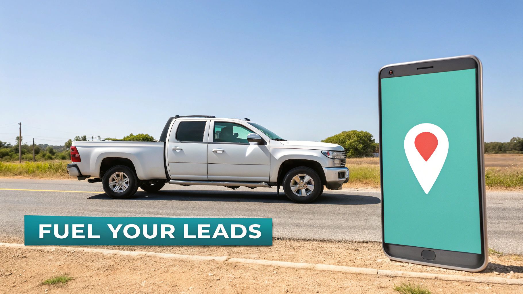 A white pickup truck on a road next to a smartphone showing a location pin, with 'FUEL YOUR LEADS' text.