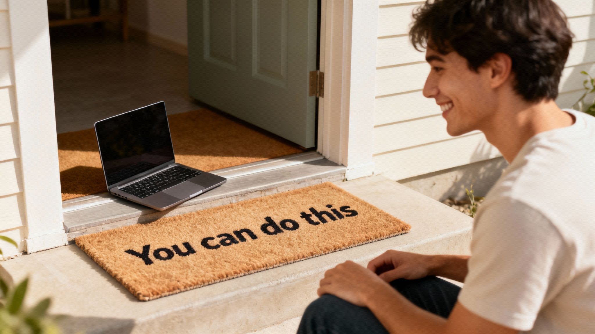 A person smiling while working on a laptop, feeling confident about digital marketing.