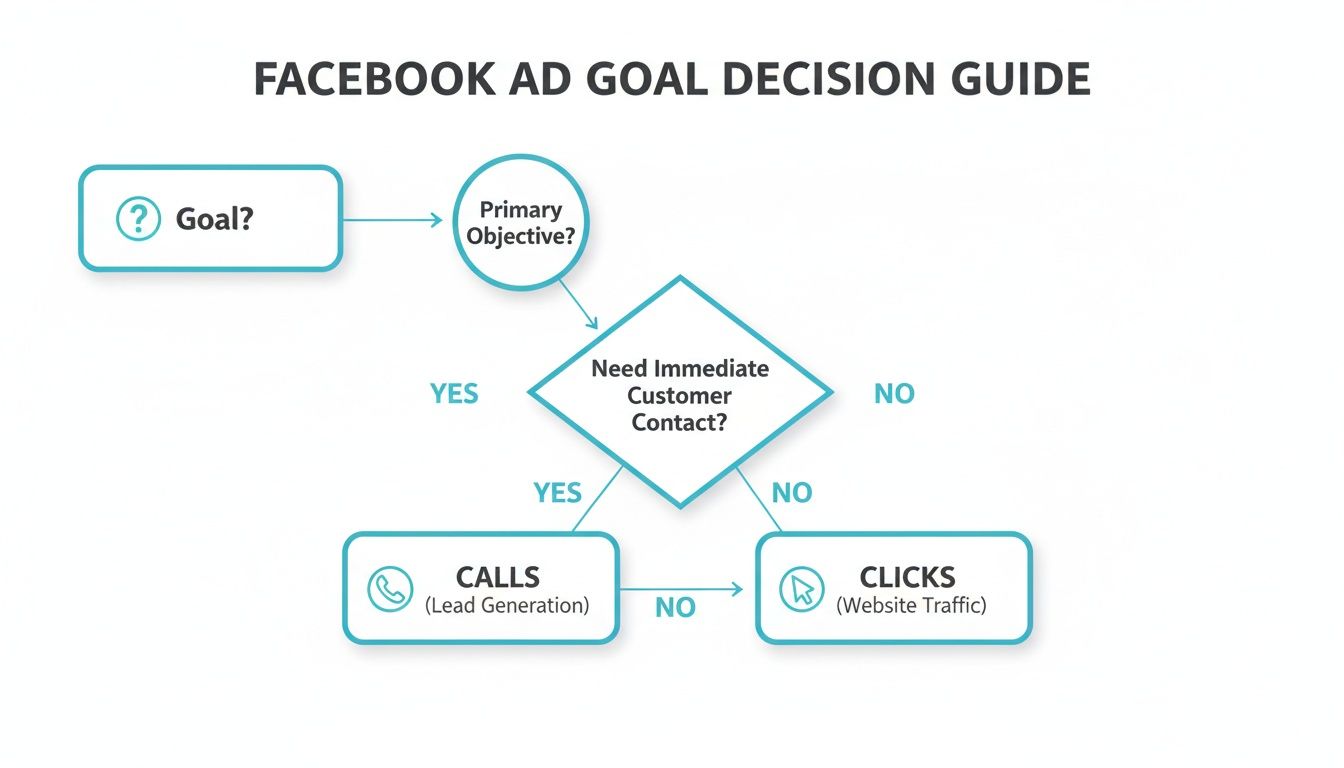 Flowchart guiding Facebook ad goal decisions based on primary objective and immediate customer contact, leading to calls or clicks.