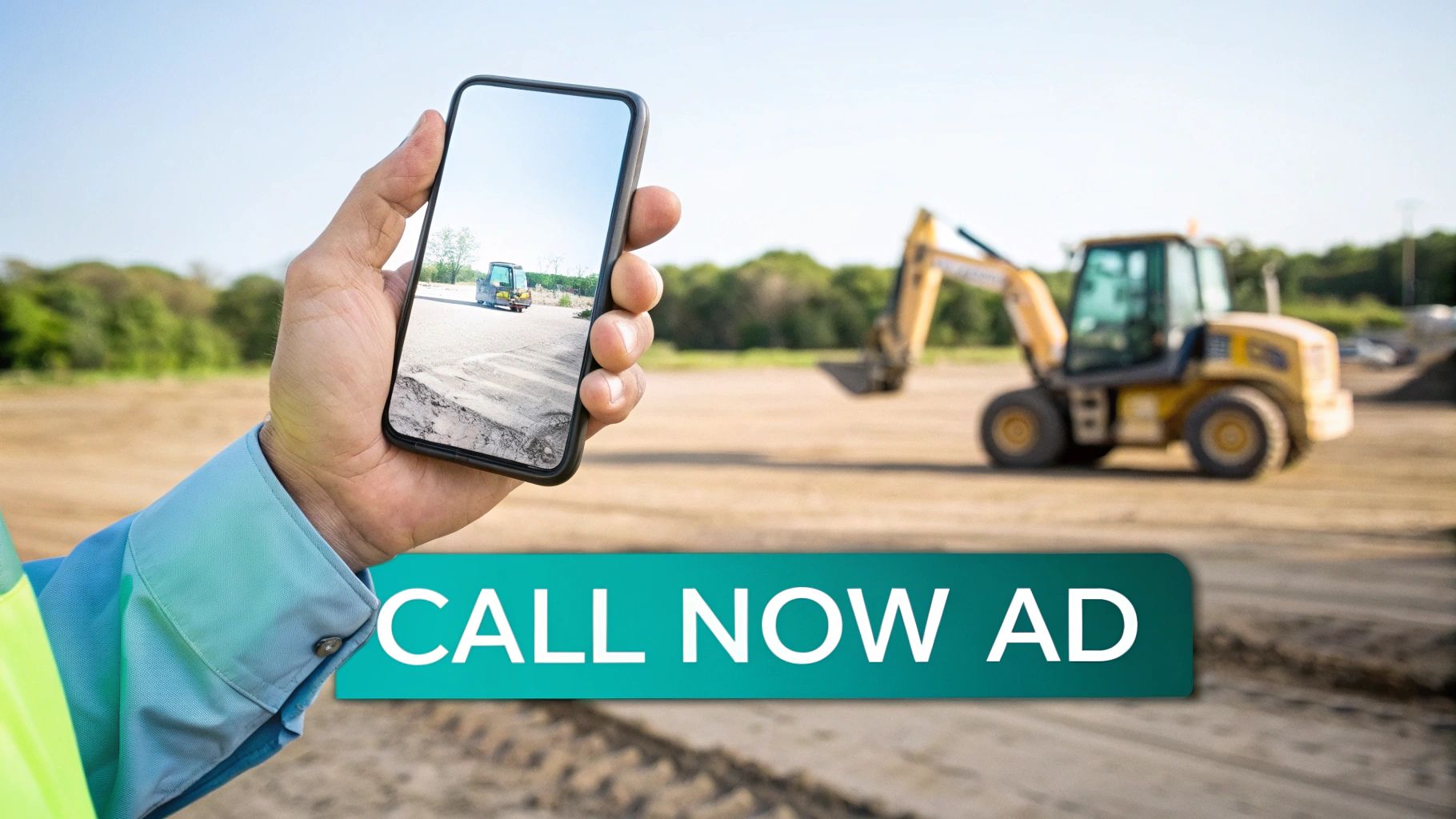 Person holds a smartphone reflecting an excavator on a construction site, with a 'CALL NOW AD' banner.