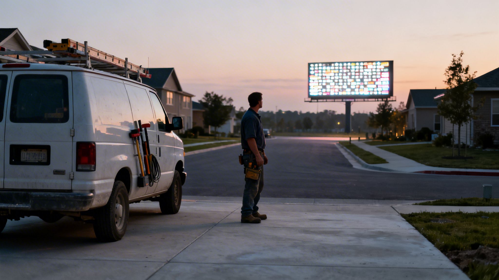 A worker stands on a concrete driveway beside his white work van, looking at a distant digital billboard at dusk.