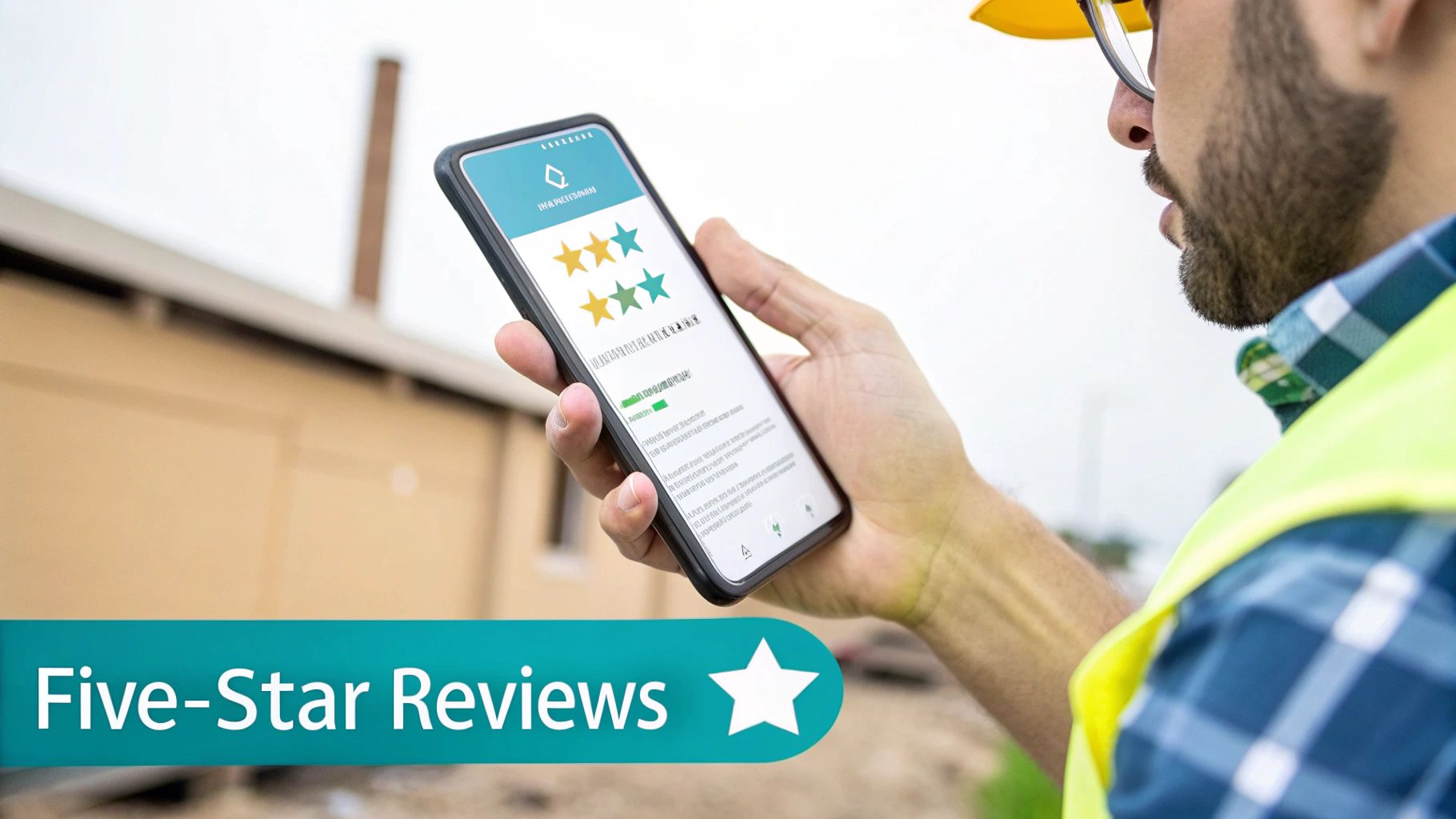 Construction worker views a customer feedback app on a smartphone displaying a 4-star review.