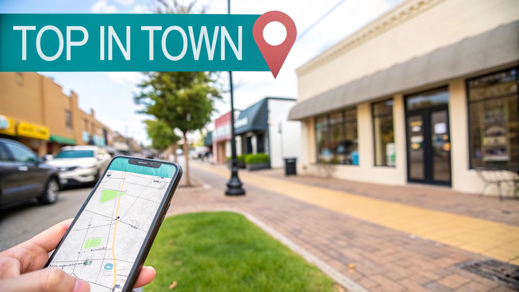 Hand holding a smartphone displaying a map application on a street, with a 'TOP IN TOWN' graphic and location pin.