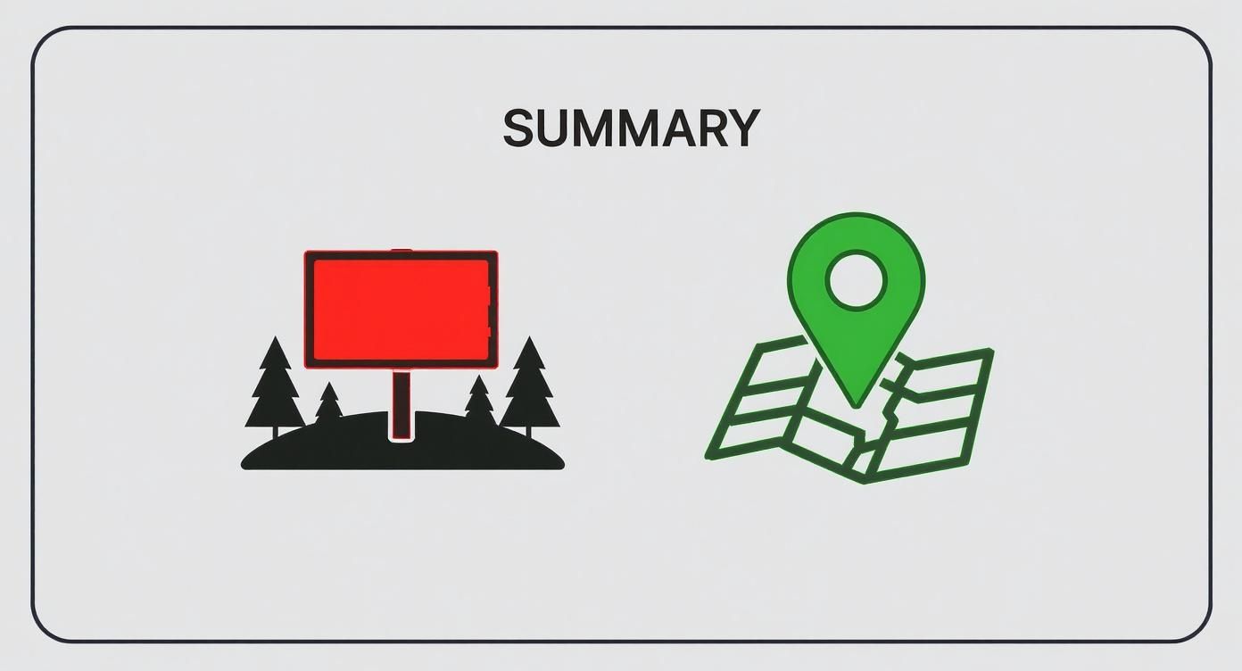 An icon of a red sign with evergreen trees and a green map pin on a folded map.