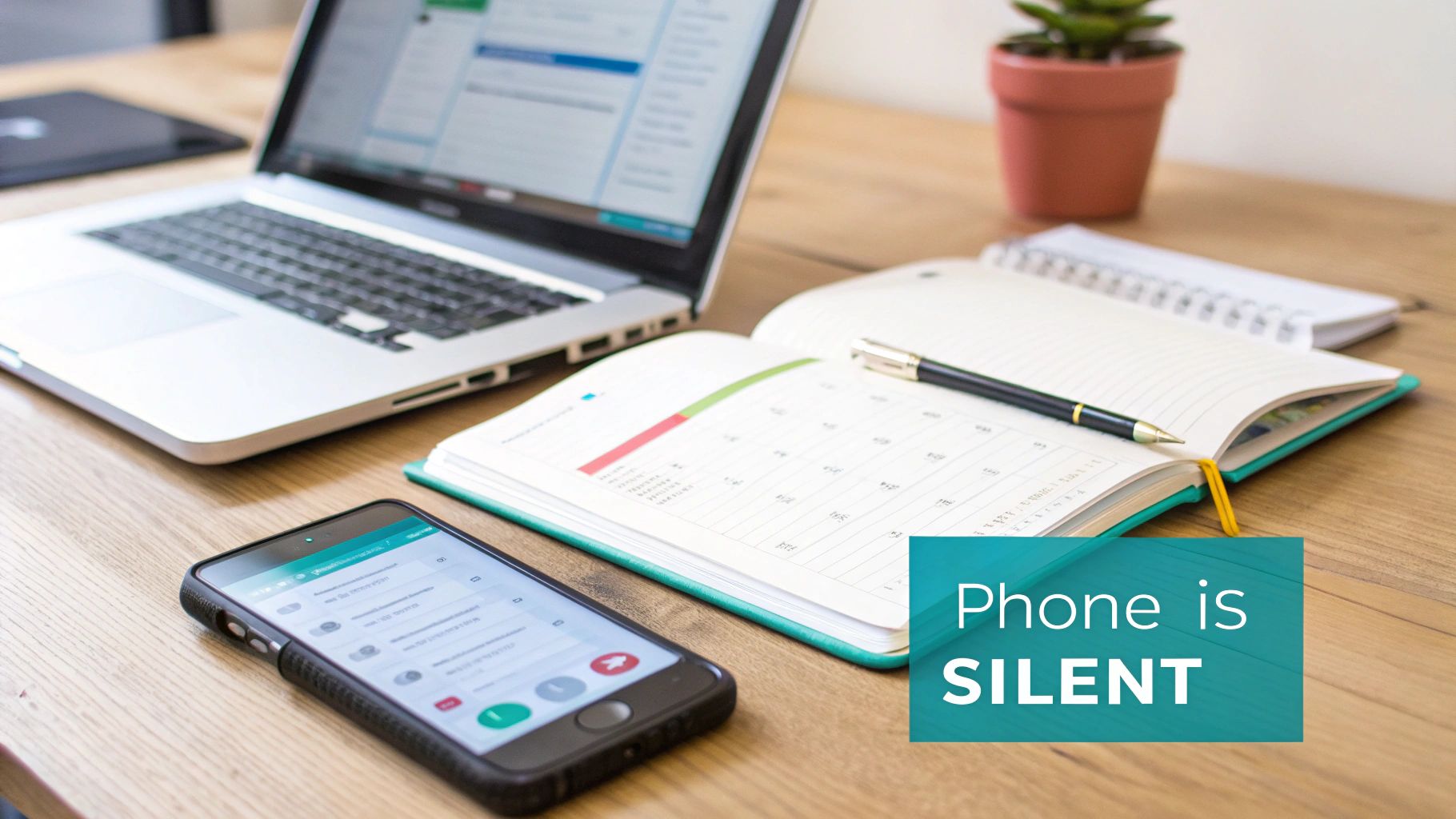 A clean wooden desk with a laptop, a smartphone, and an open planner with a pen.