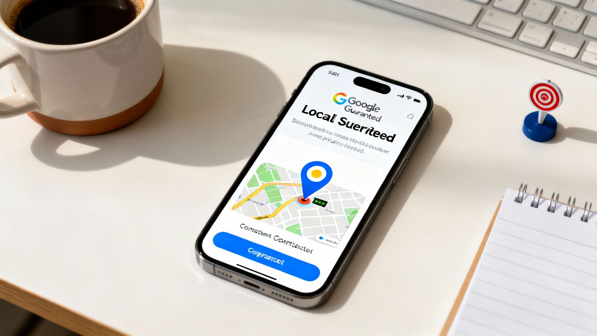A contractor happily reviewing effective ad campaign results on a tablet in their work truck.