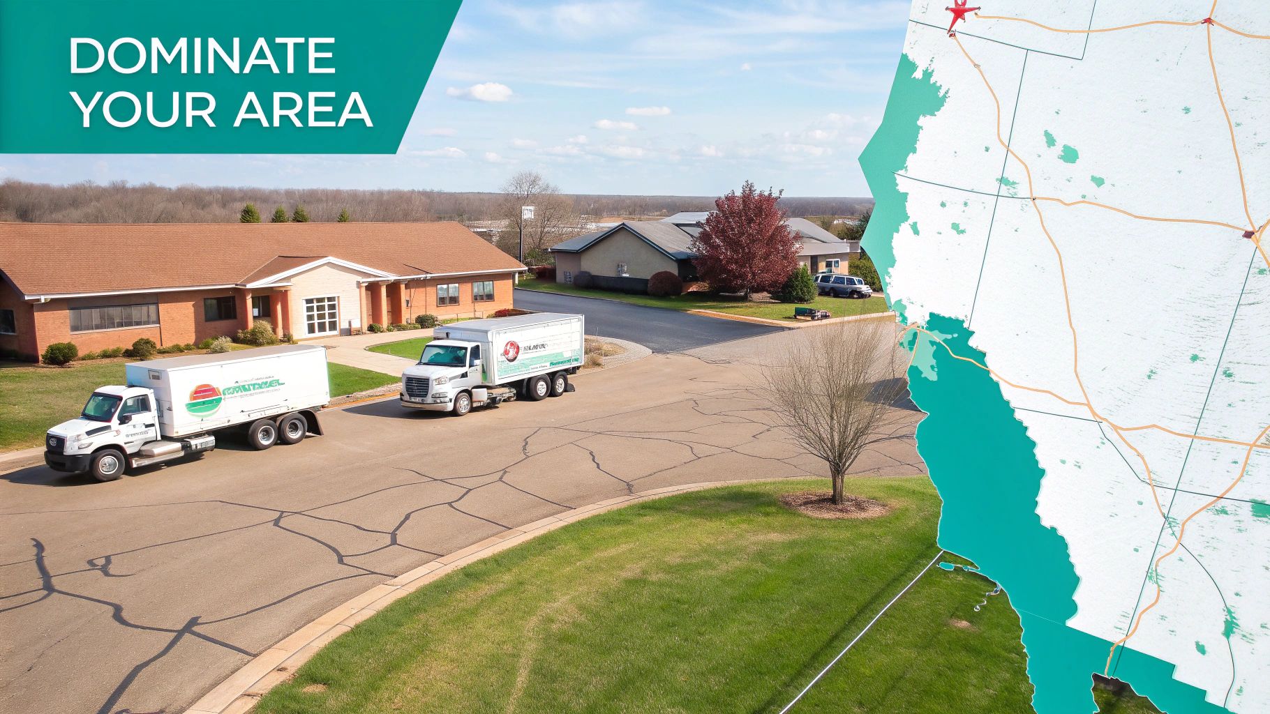 Delivery trucks parked on a street near houses, promoting 'Dominate Your Area' with a map.