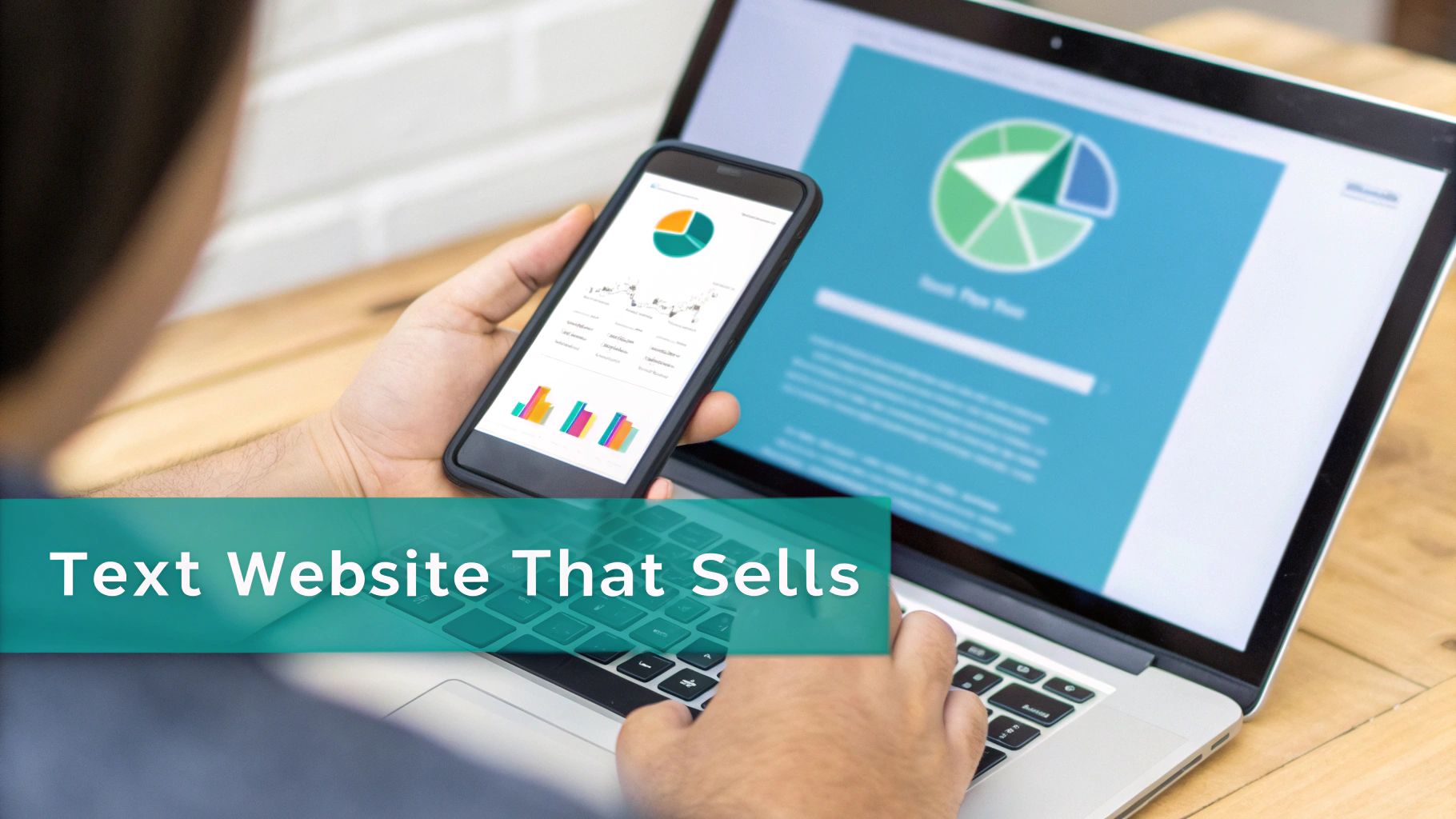 A person views business data on a smartphone and laptop, highlighting digital website sales.