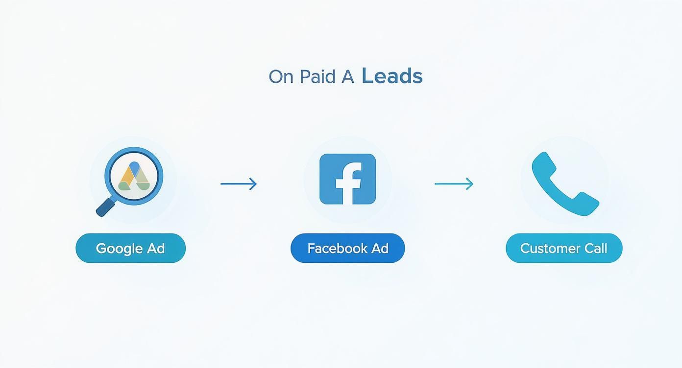 Paid advertising lead generation flowchart showing Google Ads to Facebook Ads to customer call process