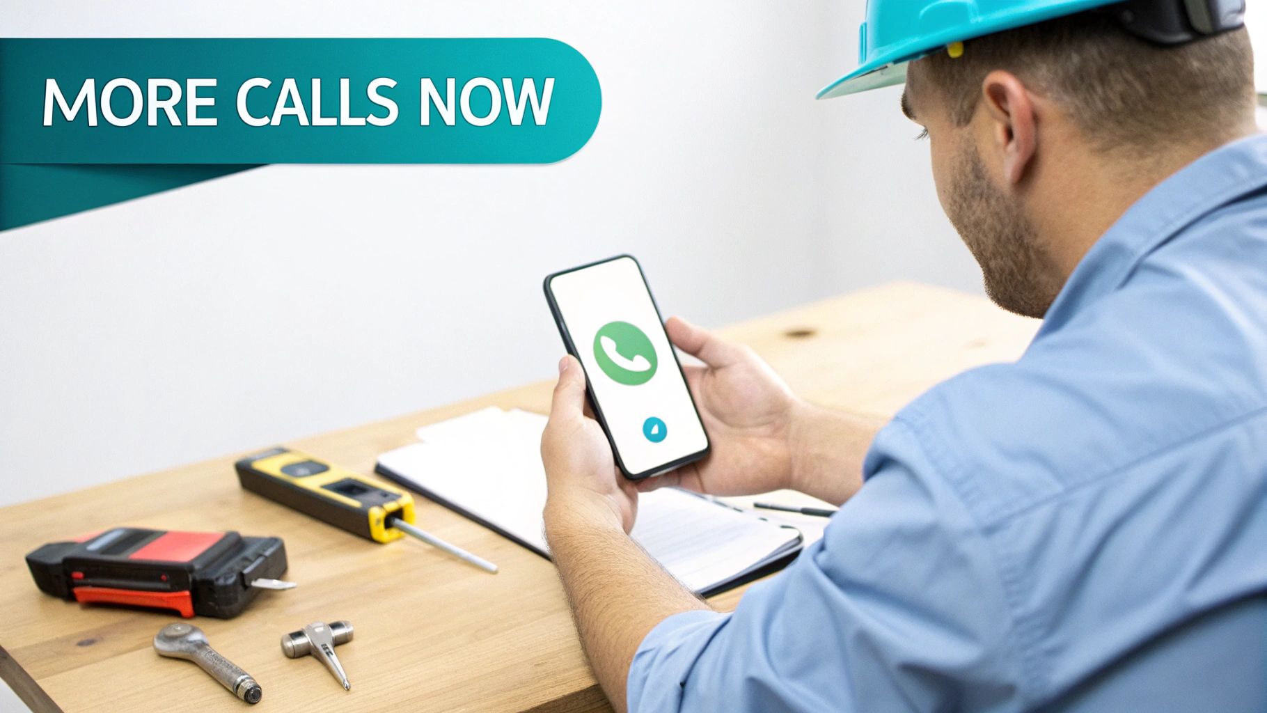 A worker in a hard hat answers a call on a smartphone, with tools on a wooden desk.