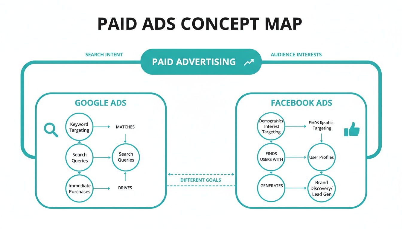 Concept map illustrating paid advertising, Google Ads for search intent, and Facebook Ads for audience interests and lead generation.