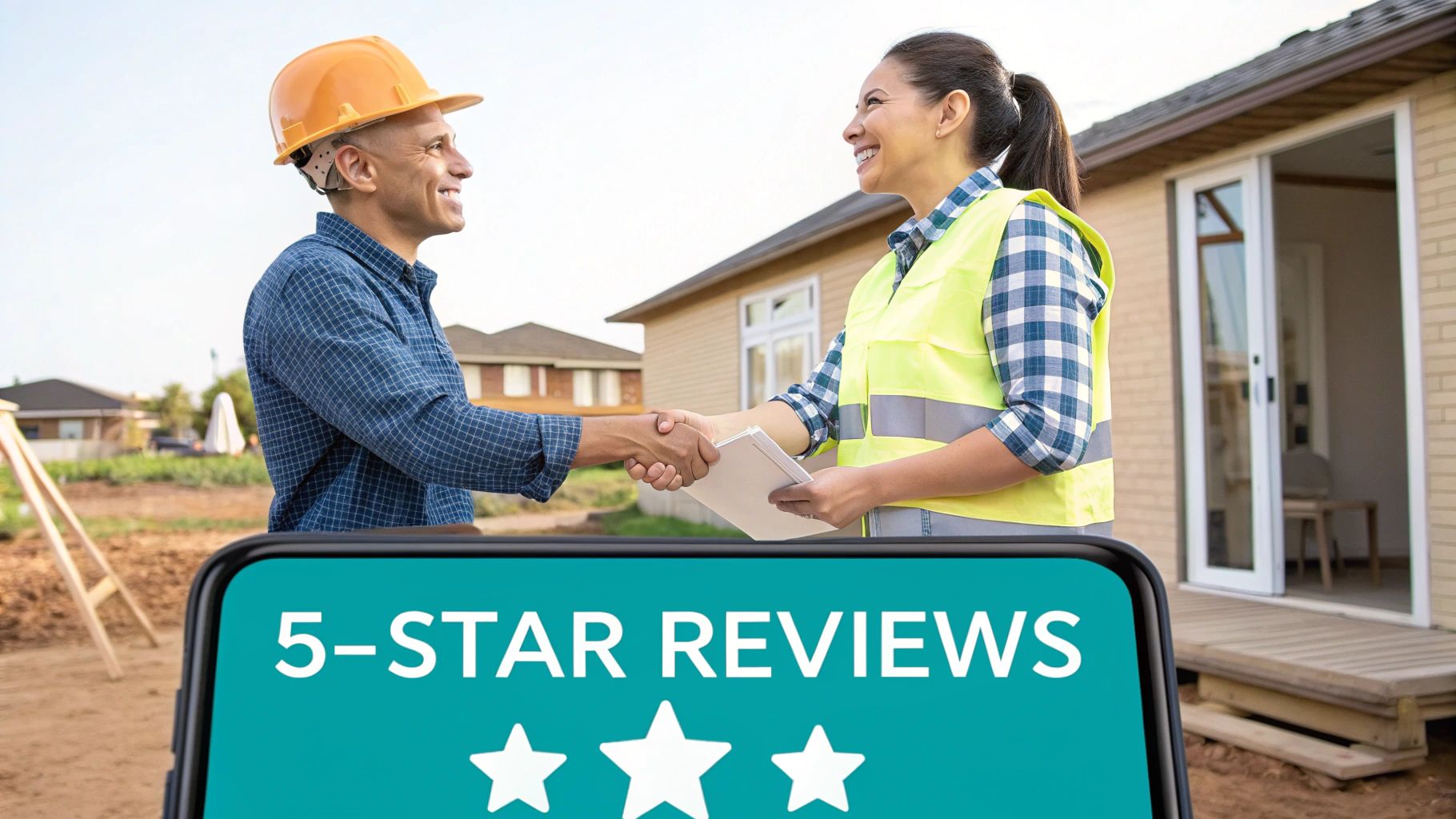 Two smiling construction workers shaking hands at a building site, with a phone showing 5-star reviews.