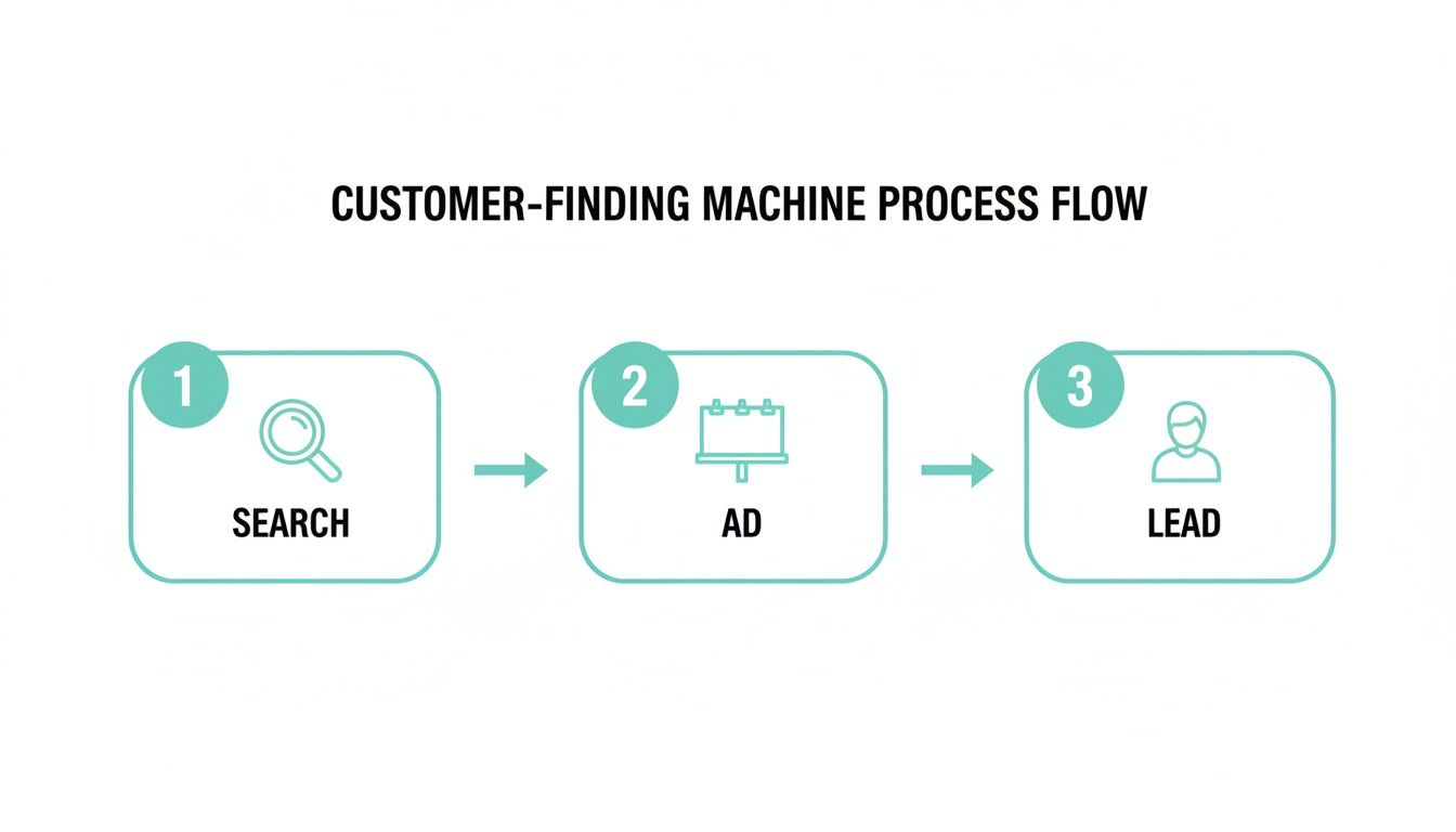 A three-step customer-finding machine process flow diagram: search, ad, and lead generation.