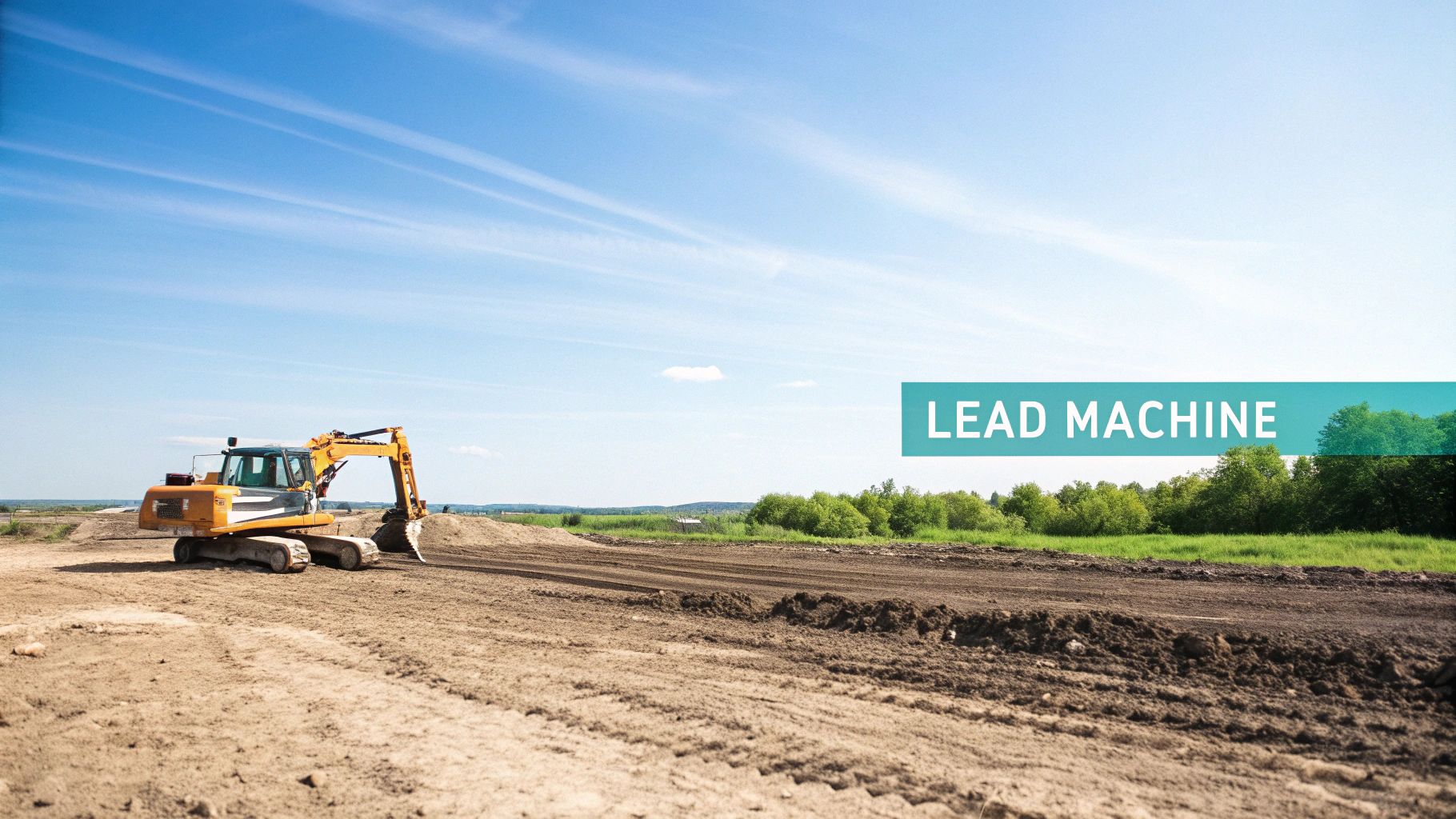 An orange excavator working on a dirt construction site under a bright blue sky.