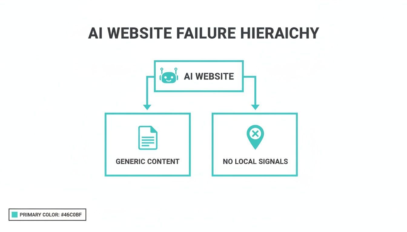 A hierarchy diagram illustrating AI website failure points: generic content and no local signals.