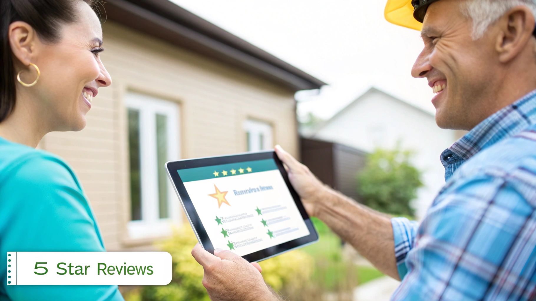 A smiling contractor shows a woman a tablet displaying positive 5-star reviews for his service.