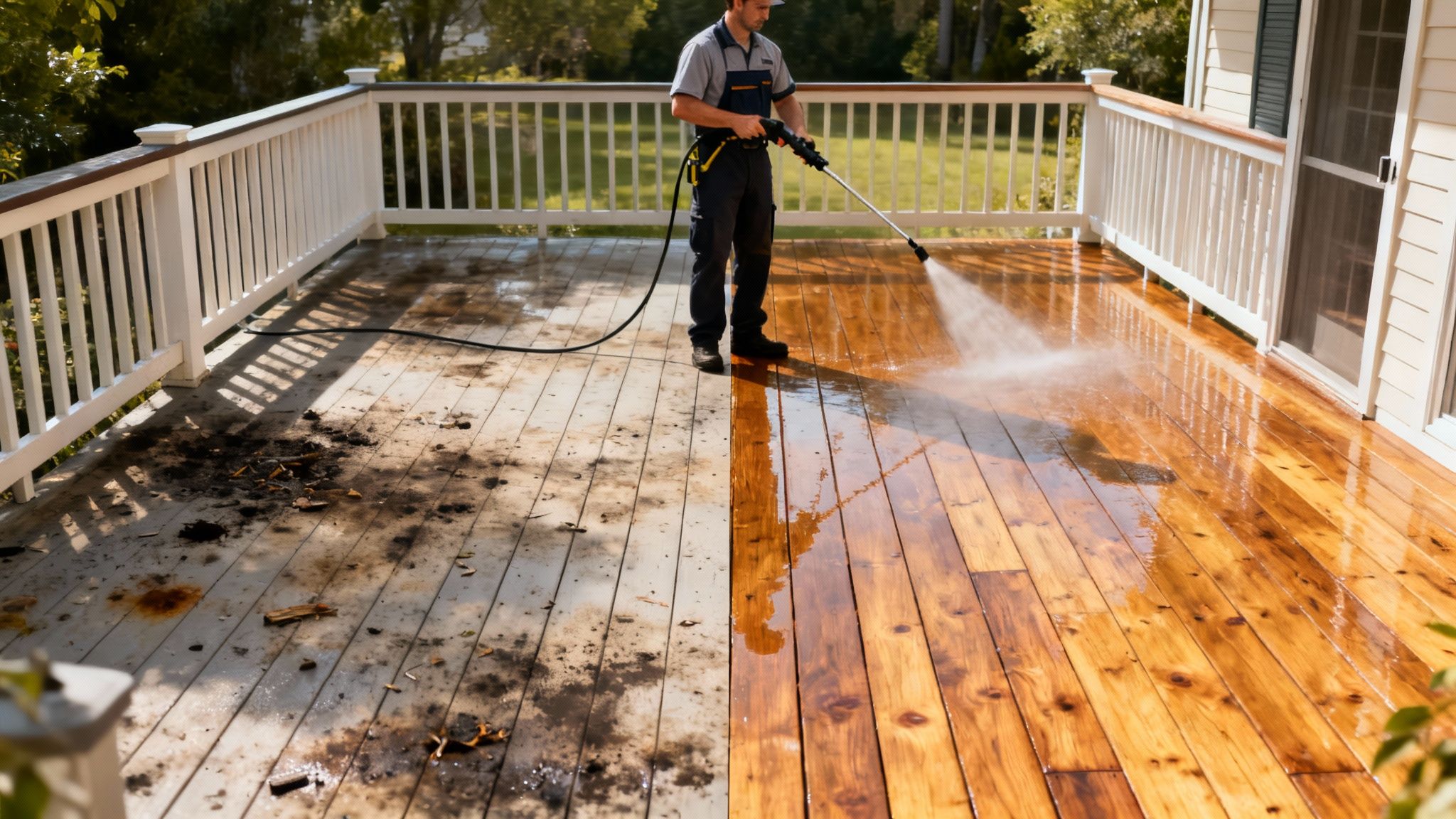 A power washer cleaning a dirty outdoor patio, showing a clear line between the clean and dirty sections