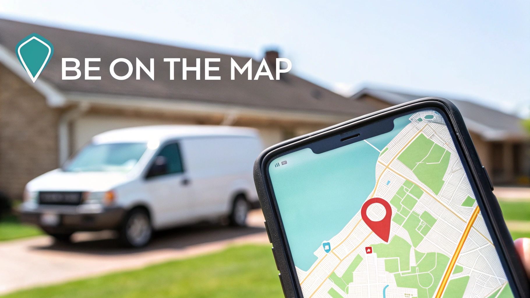A smartphone displays a map with a red pin, signifying a business location, with a white delivery van nearby.