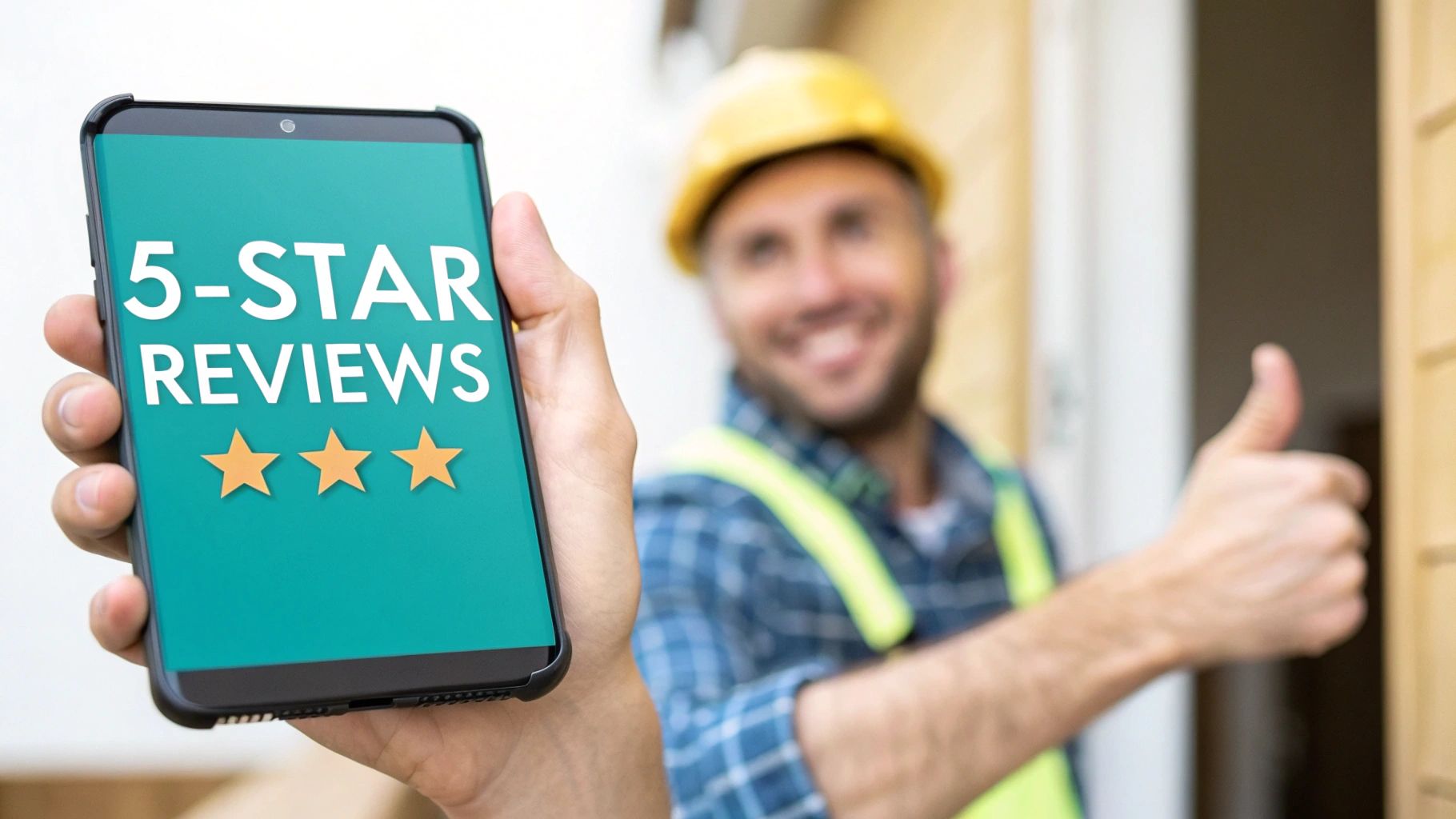 A hand holds a smartphone displaying '5-STAR REVIEWS' and three stars, with a happy contractor giving a thumbs-up in the background.