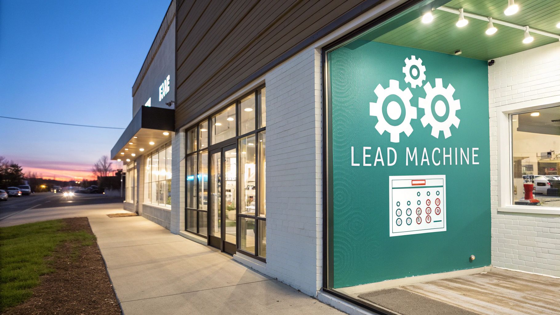 Modern business storefront with illuminated Lead Machine sign featuring gears and calendar graphic at dusk