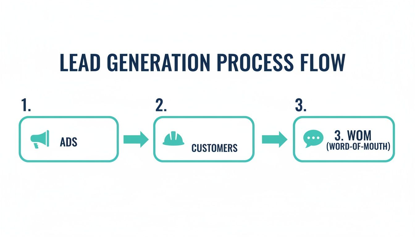 A diagram illustrating the lead generation process flow: ads, customers, and word-of-mouth referrals.